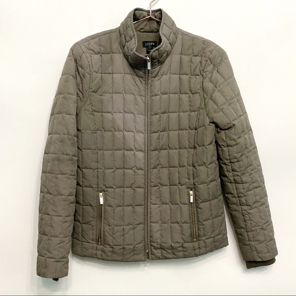 j.crew | snowcap quilted down puffer jacket olive brown s flawed